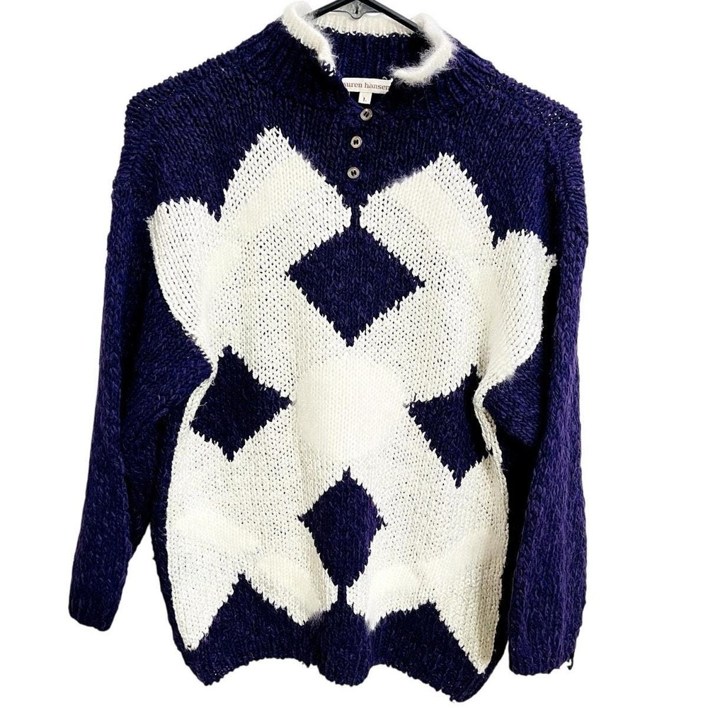 Vintage 90s Argyle Purple Knit Sweater Silk Wool Angora Blend Size M Soft Preppy